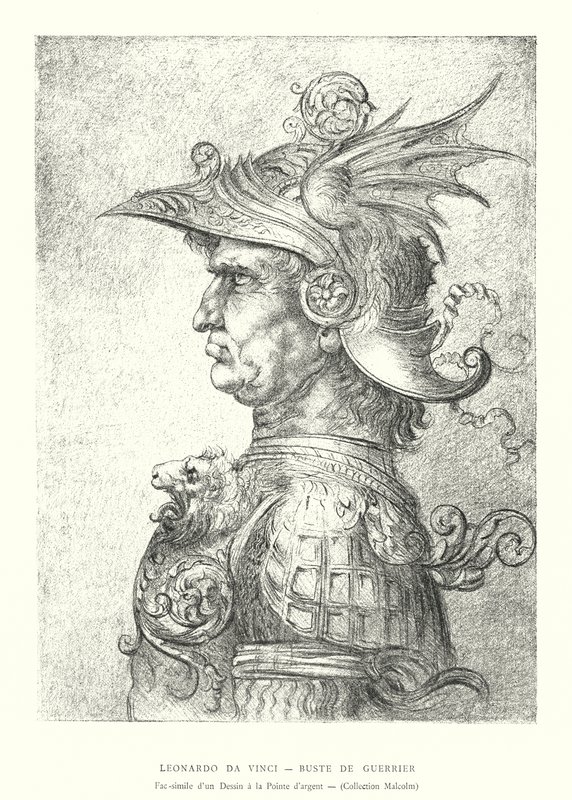 Leonardo da Vinci, Byst av en krigare, Faksimil av en Silverpoint-teckning, Malcolm Collection (gravyr) av Italian School