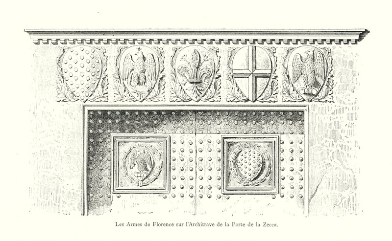 Florens vapen på Architrave of Porte de la Zecca (gravyr) av Italian School
