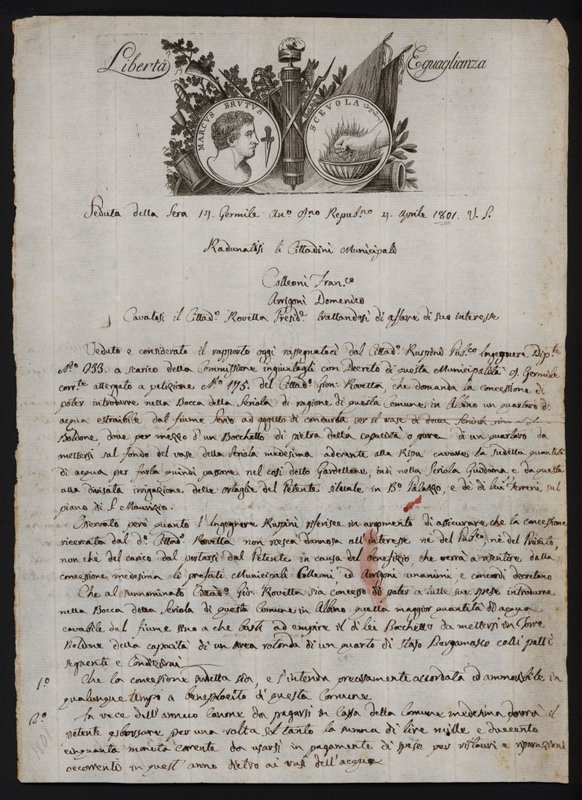 Brev på italienska, med en skildring av Brutus den yngres huvud, en brinnande hand som representerar Gaius Mucius Scaevola och franska revolutionens motto av Italian School