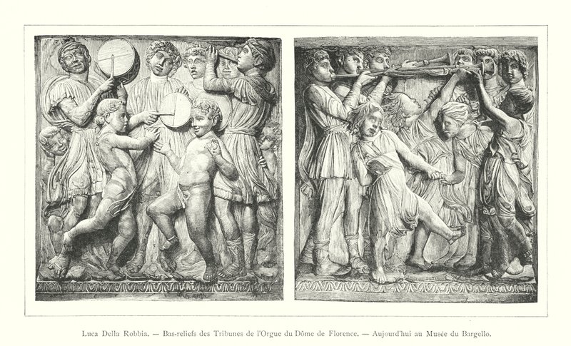 Luca Della Robbia, basreliefer från orgelgalleriet i domen i Florens, idag i Bargello-museet (gravyr) av Italian School