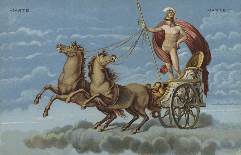Mars i sin vagn (färglitografi) av Italian School