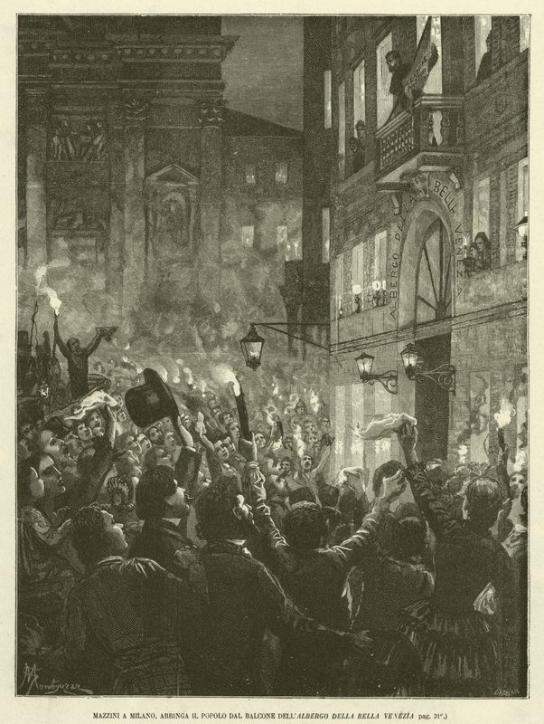 Mazzini i Milano, Arringa folket från balkongen på Albergo Della Bella Venezia (gravyr) av Italian School