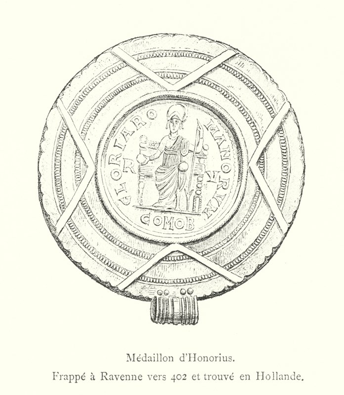 Medallion of Honorius, slagen vid Ravenna omkring 402 och hittades i Holland (gravyr) av Italian School