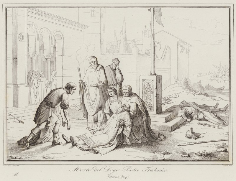 Doge Pietro Tradonicos död, 864 (gravyr) av Italian School