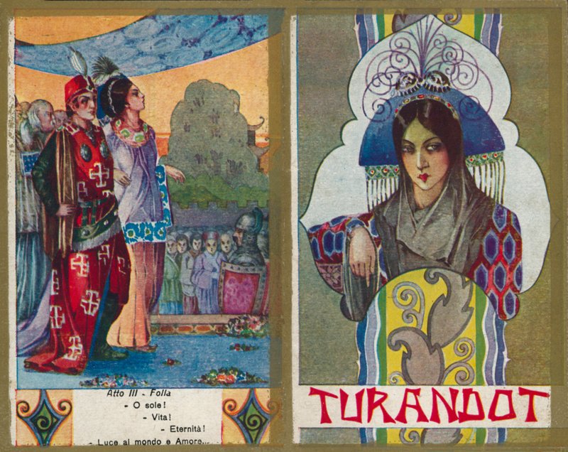 En av en serie illustrationer av Puccinis opera Turandot (färglitografi) av Italian School