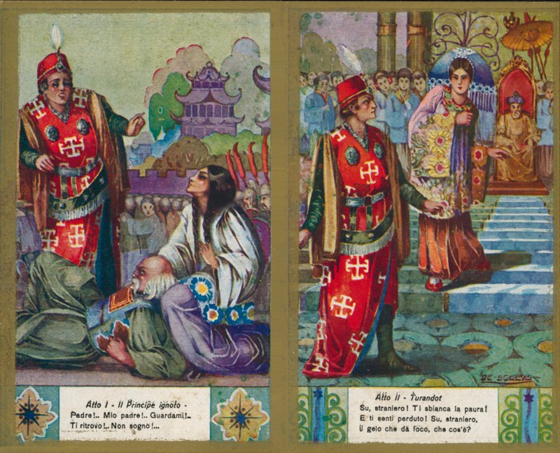 En av en serie illustrationer av Puccinis opera Turandot (färglitografi) av Italian School