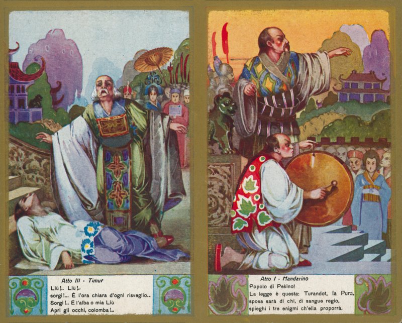 En av en serie illustrationer av Puccinis opera Turandot (färglitografi) av Italian School