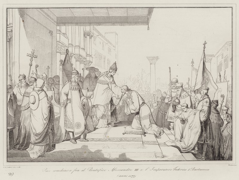 Fred slöts mellan påven Alexander III och kejsar Fredrik I Barbarossa av Italian School