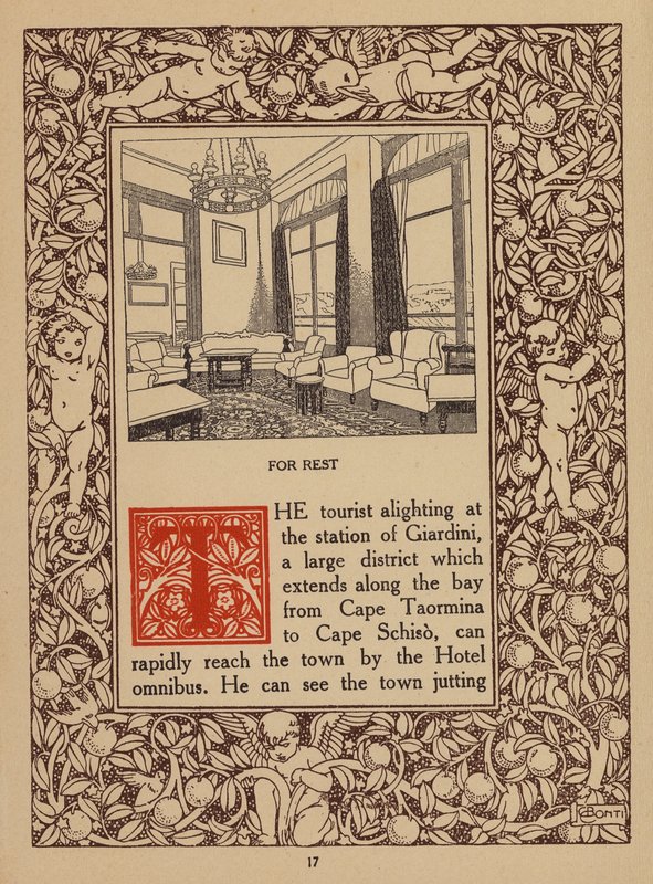 Sida ur broschyr för San Domenico Palace Hotel, Taormina (litografi) av Italian School