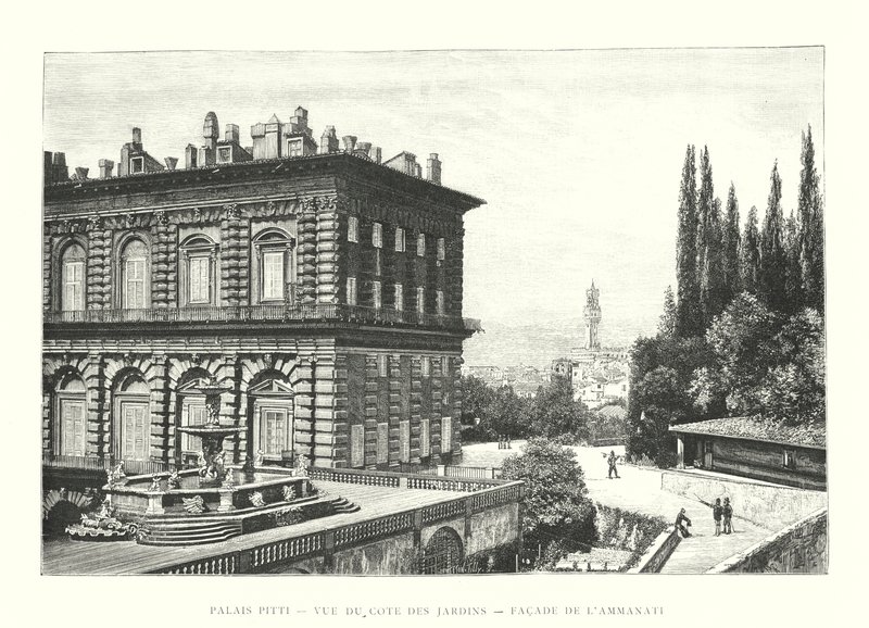 Pitti Palace, utsikt från sidan av trädgårdarna, fasaden på Ammanati (gravyr) av Italian School