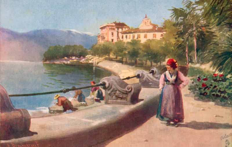 Pallanza, Lago Maggiore, Italien (färglitografi) av Italian School