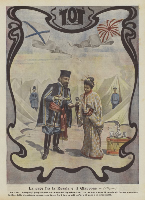 Fred mellan Ryssland och Japan (färglitografi) av Italian School