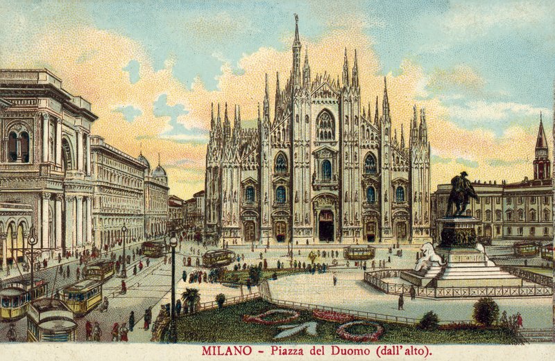Piazza del Duomo, Milano (färglitografi) av Italian School