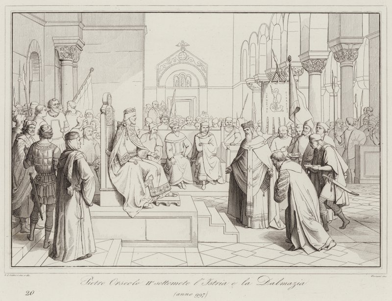 Pietro Orseolo II betvingar Istrien och Dalmatien, 997 (gravyr) av Italian School