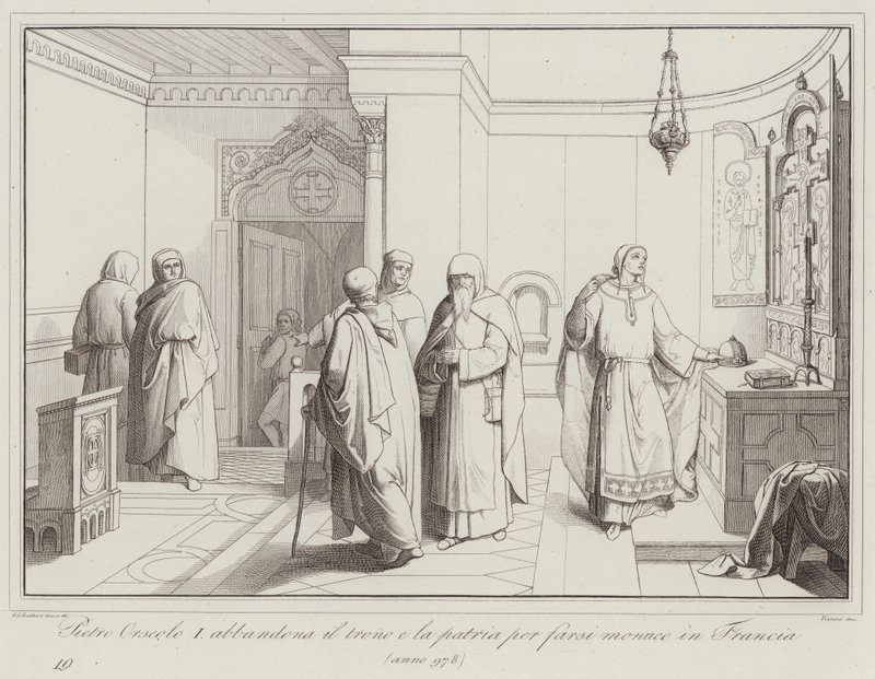 Pietro Orseolo I överger sin tron ​​och sitt hemland för att bli munk i Frankrike, 978 (gravyr) av Italian School