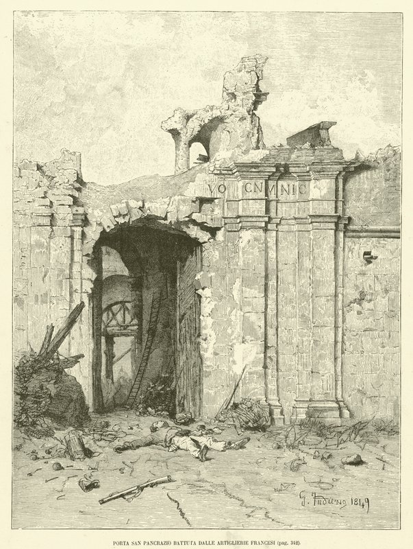 Porta San Pancrazio slagen av franskt artilleri (gravyr) av Italian School