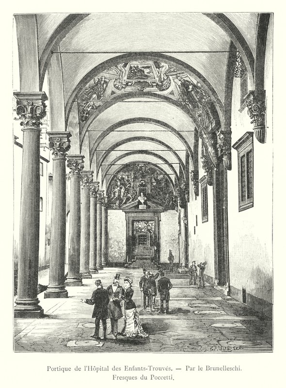 Portico of the Foundling Hospital, av Brunelleschi, Fresker av Poccetti (gravyr) av Italian School