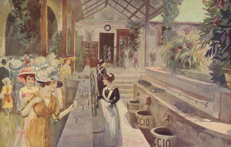 Vykort föreställande kvinnor vid baren i Tettuccio, Bagni di Montecatini (färglitografi) av Italian School