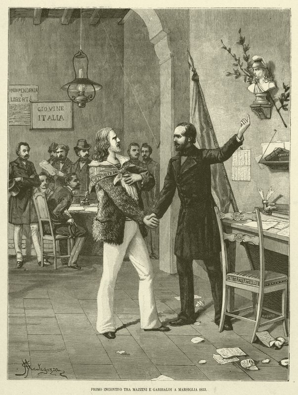 Första mötet mellan Mazzini och Garibaldi i Marseille 1833 (gravyr) av Italian School