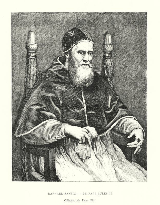 Raphael Sanzio, påven Julius II, Pitti Palace Collection (gravyr) av Italian School