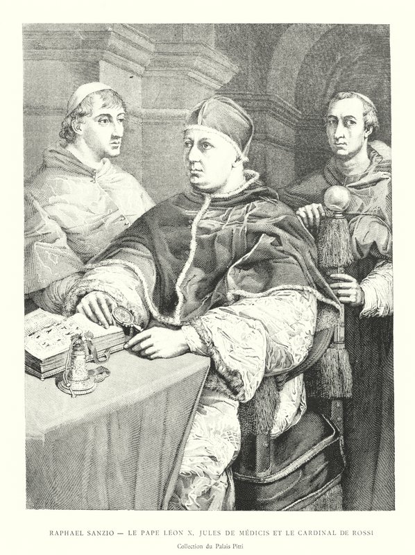 Raphael Sanzio, Le Pape Leon X, Jules de Medici och kardinal de Rossi, Collection du Palais Pitti (gravyr) av Italian School