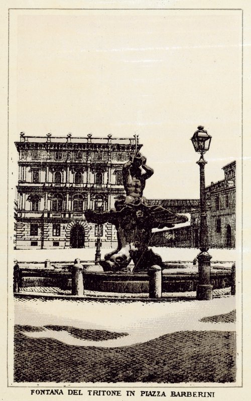 Rom: Tritonfontänen på Piazza Barberini (litho) av Italian School