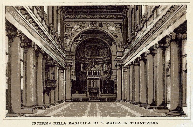 Rom: Interiören av basilikan S Maria in Trastevere (litho) av Italian School