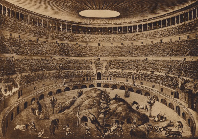 Roma / Rom: Colosseums interiör, Jakten på mässorna, historisk rekonstruktion (litografi) av Italian School