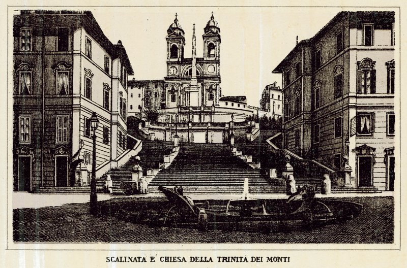 Rom: Trappa och kyrka Trinita Dei Monti (litho) av Italian School