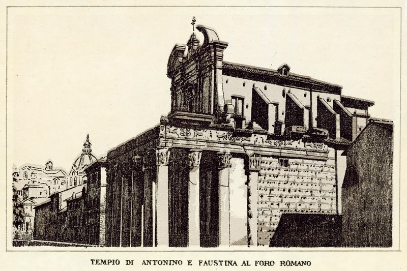 Rom: Antoninus och Faustinas tempel vid Forum Romanum (litho) av Italian School