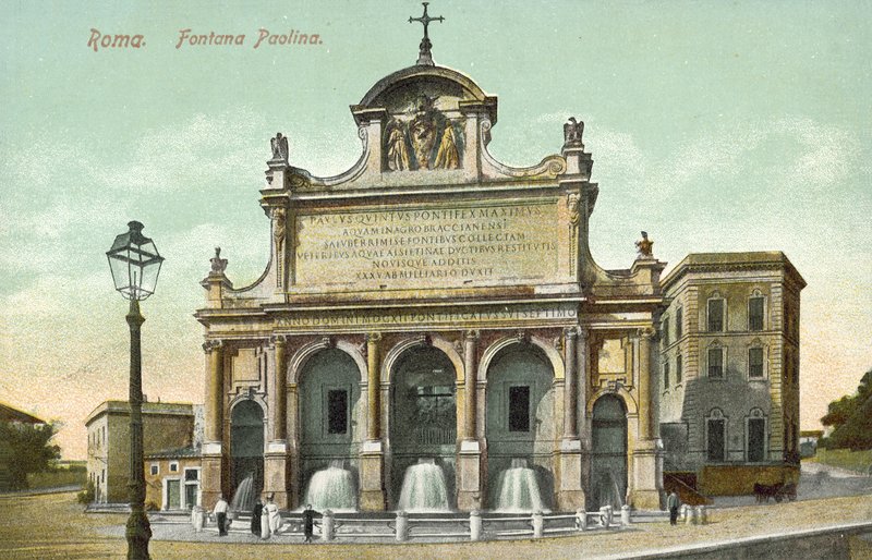 Rom, Italien, Fontana Paolina (färglitografi) av Italian School