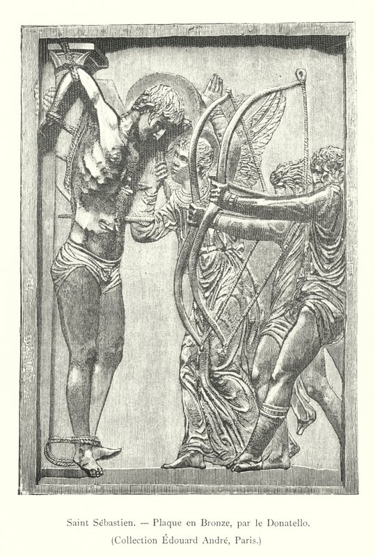 Saint Sebastien, Bronsplakett, av Donatello, Collection Edouard Andre, Paris (gravyr) av Italian School