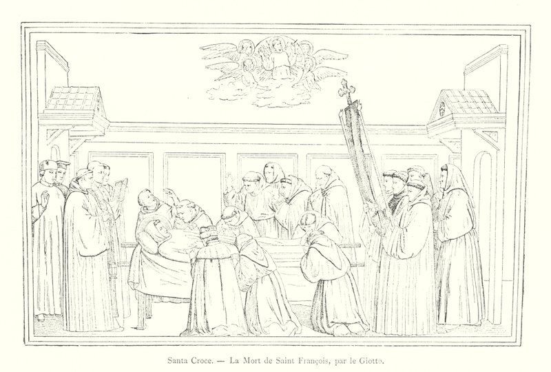 Santa Croce, Den helige Franciskus död, av Giotto (gravyr) av Italian School