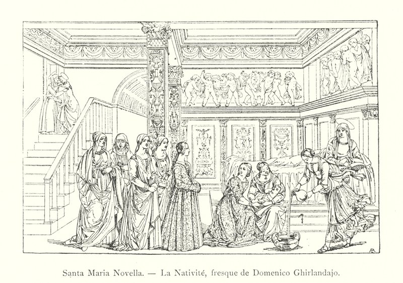 Santa Maria Novella, La Nativite, fresque de Domenico Ghirlandaio (gravyr) av Italian School