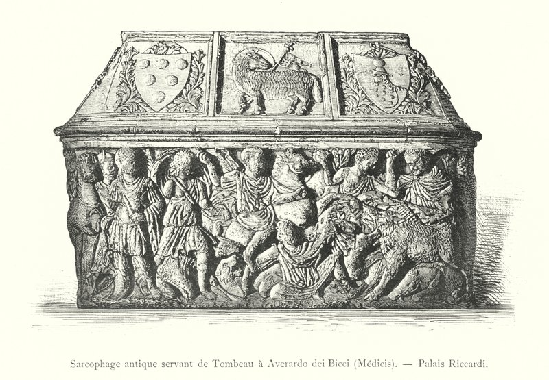 Forntida sarkofag som fungerar som Averardo dei Biccis grav, Medicis, Riccardi-palatset (gravyr) av Italian School