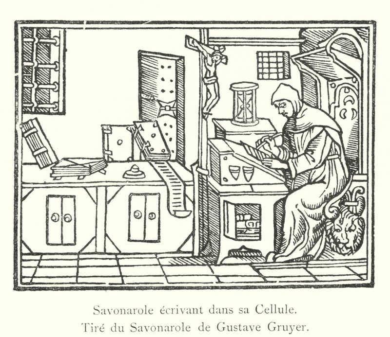 Savonarola skriver i sin cell, från Savonarola av Gustave Gruyer (gravyr) av Italian School