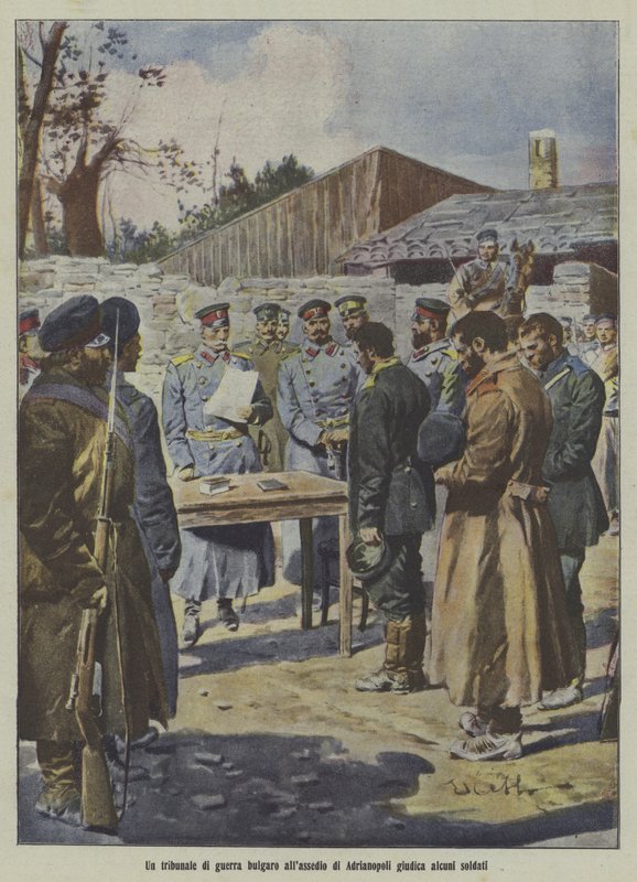 Soldater döms av en bulgarisk militärdomstol vid belägringen av Adrianopel, första Balkankriget (färglitografi) av Italian School
