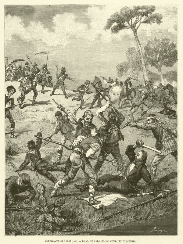 Expeditionen av Sapri (1857), Pisacane attackerad av rasande bönder (gravyr) av Italian School