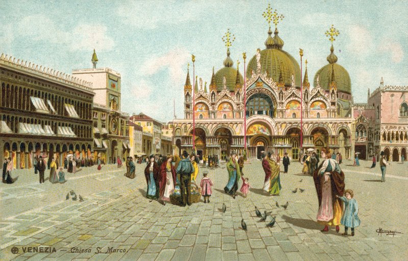 Markusplatsen, Venedig (färglitografi) av Italian School