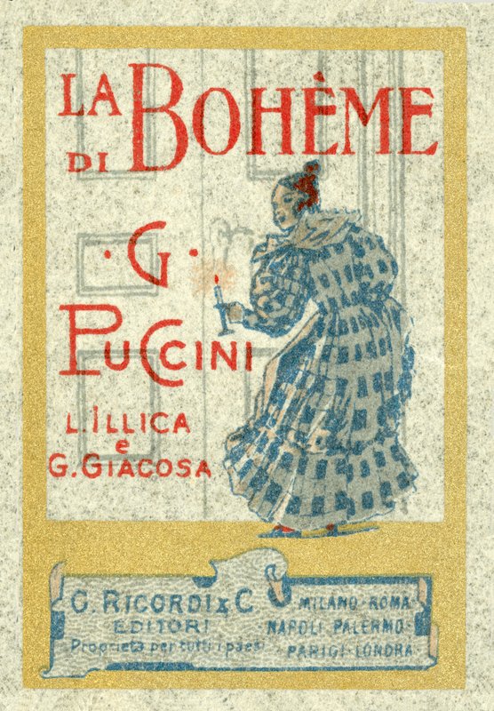 Frimärksreklam för Giacomo Puccinis La Boheme, uppförd första gången 1896 av Italian School