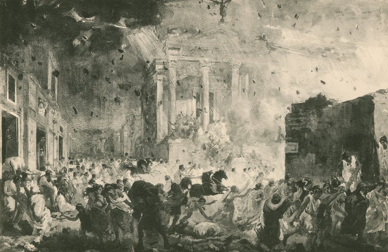 Förstörelsen av Pompeji före Fortunetemplet (gravyr) av Italian School