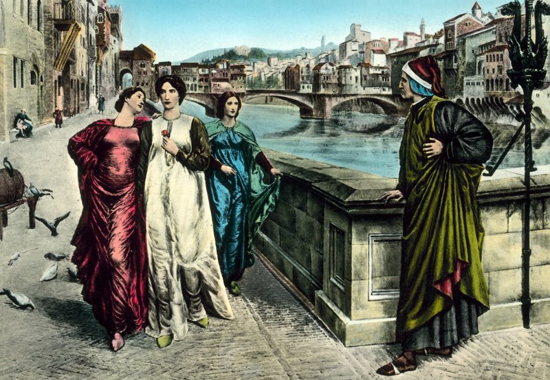 Mötet mellan Dante och Beatrice (färg litho) av Italian School