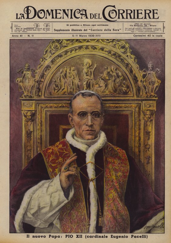 Den nye påven, Pius XII (kardinal Eugenio Pacelli) (färglitografi) av Italian School