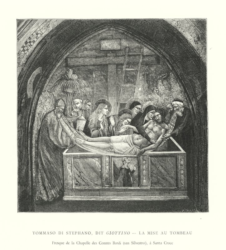 Tommaso di Stephano, kallad Giottino, Gravläggningen, Fresk från grevarnas Bardis kapell, San Silvestro, i Santa Croce (gravyr) av Italian School