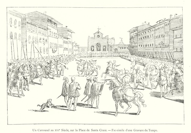 En karusell på 1500-talet, på Plaza de Santa Croce, faksimil av en gravyr från tiden (gravyr) av Italian School