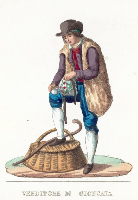 Försäljare Di Gioncata (färgad gravyr) av Italian School