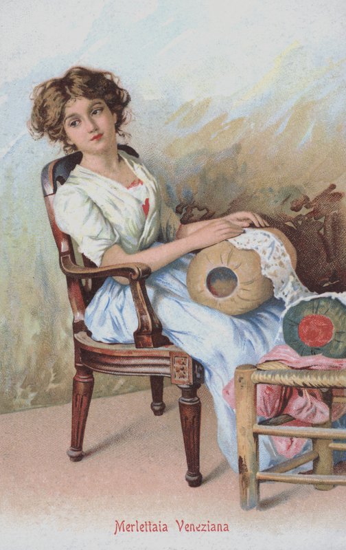 Venetiansk spetsmakare, Italien (chromolitho) av Italian School