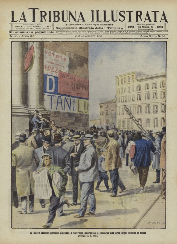 Väljare går till vallokalerna i det italienska parlamentsvalet i Rom (färglitografi) av Italian School