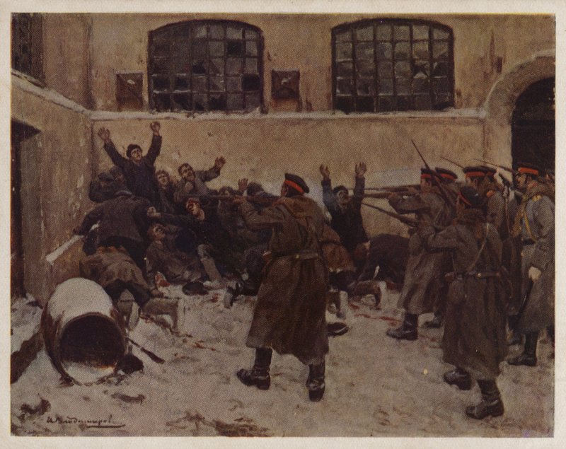 Ryska soldater skjuter demonstranter i Presnya-distriktet i Moskva under 1905 års revolution (färg litho) av Ivan Alexeyevich (after) Vladimirov