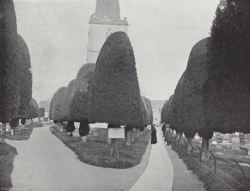 Klippning av kyrkan, Painswick kyrkogård av J. Benjamin Stone